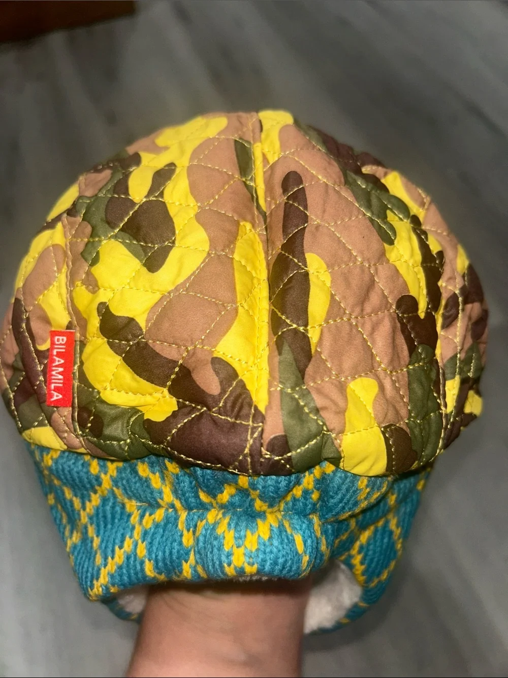 Bila Kids Yellow & Teal Quilted Bear Earflap Hat NWT